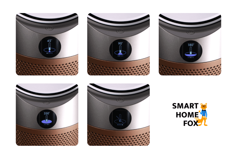 Die unterschiedlichen Winkel der Drehbewegung vom Dyson Purifier Cool Luftreiniger und Turmventilator werden auf dem LCD-Display angezeigt.